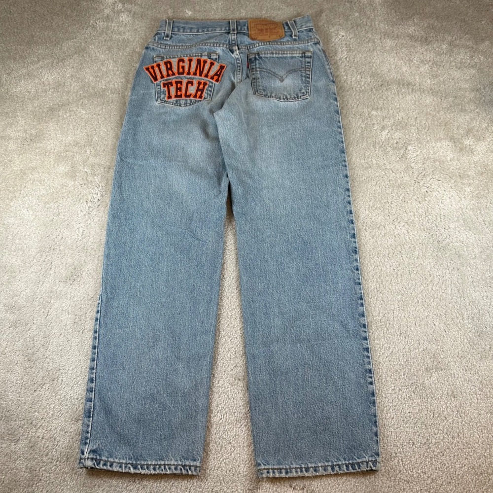 VTG Levis 555 Jeans Mens 28x30 Light Wash Virginia Tech Custom Patch Low Rise